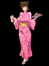 Rule 34 | 1girl, ajiyoshi noriko, alcohol, beer, black background, blush, breasts, brown eyes, brown hair, cup, feet, food, highres, huge breasts, japanese clothes, kimono, looking at viewer, mature female, mister ajikko, nightmare express, onigiri (ocelot), sandals, short hair, simple background, smile, solo, standing, toes, tray