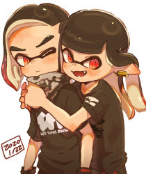 Rule 34 | 1boy, 1girl, bandana, black bandana, black gloves, black hair, black shirt, blunt bangs, brother and sister, commentary, dated, earclip, fangs, gloves, gradient hair, harutarou (orion 3boshi), hug, hug from behind, inkling, inkling boy, inkling girl, inkling player character, light frown, long hair, looking at another, looking at viewer, mask, medium hair, multicolored hair, nintendo, one eye closed, open mouth, pointy ears, red eyes, red hair, shirt, short sleeves, siblings, simple background, smile, sparkle, standing, t-shirt, tentacle hair, twins, white background