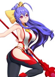 Rule 34 | 1girl, antenna hair, arc system works, artist request, ass, bare shoulders, blazblue, blazblue: central fiction, blazblue variable heart, blush, bow, breasts, genderswap, genderswap (mtf), hair bow, highres, large breasts, long hair, looking at viewer, mai natsume, pants, polearm, ponytail, purple eyes, purple hair, shiny clothes, shiny skin, sideboob, smile, solo, spear, transparent background, very long hair, weapon