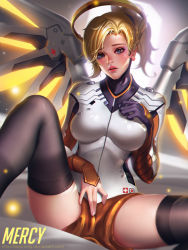 Rule 34 | 1girl, artist name, bed sheet, black gloves, black thighhighs, blonde hair, blurry, breast suppress, breasts, character name, depth of field, dutch angle, fingernails, gauntlets, gloves, glowing, glowing wings, halo, hand on breast, high collar, high ponytail, knee up, liang xing, light particles, lips, looking at viewer, makeup, mechanical halo, mechanical wings, medium breasts, mercy (overwatch), on bed, overwatch, overwatch 1, parted lips, pelvic curtain, pink lips, single glove, sitting, solo, spread legs, spread wings, sweat, thighhighs, watermark, web address, wings