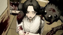 Rule 34 | 1boy, 1other, animal, bad id, bad twitter id, black hair, blood, blood on arm, blood on clothes, blood on face, bug, death, fangs, gakudayo, grey eyes, hand on another&#039;s shoulder, highres, horror (theme), indoors, lower teeth only, lying, on floor, on stomach, open mouth, original, oversized animal, pool of blood, puddle, smeared blood, spider, teeth, wooden floor