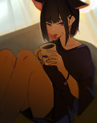 Rule 34 | 1girl, absurdres, animal ears, bare legs, black hair, black shirt, blue archive, cat ears, collarbone, colored inner hair, cup, extra ears, feet out of frame, highres, holding, holding cup, indoors, kazusa (blue archive), knees up, looking at viewer, multicolored hair, pink hair, shioda (shioda 5), shirt, short hair, sitting, solo, sweatdrop, tongue, tongue out, two-tone hair