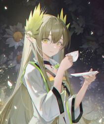 Rule 34 | 1girl, absurdres, arknights, chinese commentary, commentary request, cup, flower, green eyes, green hair, green shirt, highres, holding, holding cup, holding plate, jacket, long hair, looking at viewer, mole, mole under eye, muelsyse (arknights), parted lips, plate, pointy ears, shirt, solo, tianzekongming, upper body, very long hair, white flower, white jacket, wide sleeves