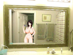 Rule 34 | 1girl, artist request, bathroom, breasts, brown hair, camera, female pubic hair, hand on own hip, hand up, highres, holding, holding camera, huge breasts, light, mirror, navel, nipples, nude, open door, pubic hair, reflection, sagging breasts, selfie, sink, solo, towel