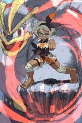 Rule 34 | 1girl, 1other, abs, alex ahad, barefoot, bea (pokemon), blue eyes, breasts, clenched hands, commentary, covered navel, creatures (company), crop top, dark-skinned female, dark skin, english commentary, fighting stance, full body, game freak, gen 1 pokemon, grey hair, gym leader, hairband, highres, karate, knee pads, leotard, leotard under clothes, machamp, nintendo, pokemon, pokemon (creature), pokemon swsh, punching, red eyes, serious, short hair, short sleeves, shorts, solo focus