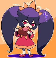 Rule 34 | 1girl, ashley (warioware), big hair, black hair, boned meat, dress, eating, female focus, food, holding, holding food, meat, nintendo, nollety, orange background, outline, red dress, red eyes, red footwear, shoes, solo, standing, twintails, warioware, white outline