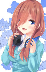 Rule 34 | 1girl, :d, blue cardigan, blue eyes, blush, breasts, brown hair, cardigan, commentary request, go-toubun no hanayome, hair over one eye, hands up, headphones, headphones around neck, highres, hisae (hisae collect), long hair, long sleeves, looking at viewer, medium breasts, nakano miku, open mouth, shirt, smile, solo, upper body, white background, white shirt, wing collar