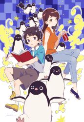 Rule 34 | 1boy, 1girl, aoyama-kun (penguin highway), belt, bird, black hair, blue eyes, book, booota, brown eyes, brown hair, brown shorts, can, commentary request, cover, cover page, curly hair, from side, full body, grey pants, holding, holding book, holding can, holding pen, long hair, novel cover, official art, onee-san (penguin highway), orange shirt, pants, parted lips, pen, penguin, penguin highway, sandals, shirt, shoes, short sleeves, shorts, signature, sitting, socks, white legwear