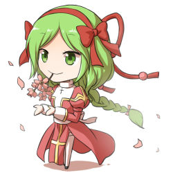 Rule 34 | 1girl, black footwear, bow, braid, braided ponytail, chibi, closed mouth, commentary request, cross, dress, flower, flower in mouth, full body, green eyes, green hair, hair bow, hairband, high priest (ragnarok online), juliet sleeves, long hair, long sleeves, looking at viewer, natsuya (kuttuki), petals, pink flower, puffy sleeves, ragnarok online, red bow, red dress, red hairband, sash, shoes, simple background, smile, solo, thighhighs, two-tone dress, white background, white bow, white dress, white sash, white thighhighs