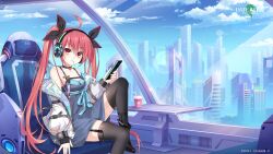 Rule 34 | 1girl, ahoge, blue dress, blue sky, breasts, building, can, candy, cellphone, chair, cloud, cup, date a live, date a live: spirit pledge, disposable cup, dress, drinking straw, food, garter straps, headphones, highres, itsuka kotori, jacket, lollipop, looking at viewer, official alternate costume, official art, phone, red eyes, red hair, sitting, sky, small breasts, smartphone, solo, twintails, white jacket