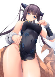 Rule 34 | 1girl, awa yume, bare shoulders, black dress, blue eyes, blunt bangs, blush, breast poke, breasts, china dress, chinese clothes, closed mouth, covered navel, detached sleeves, dress, fate/grand order, fate (series), floral print, from below, hair ornament, highres, large breasts, leaf hair ornament, long hair, looking at viewer, looking down, perspective, poking, purple hair, sidelocks, simple background, smile, solo, thighs, twintails, very long hair, white background, yang guifei (fate), yang guifei (second ascension) (fate)