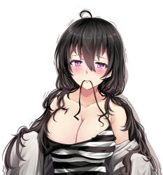 Rule 34 | 1girl, ahoge, bad id, bad pixiv id, beifeng han, black hair, blush, breasts, cleavage, closed mouth, collarbone, female focus, hair between eyes, hair ornament, large breasts, long hair, looking at viewer, low twintails, md5 mismatch, miyaura sanshio, motion lines, mouth hold, off shoulder, original, purple eyes, resolution mismatch, simple background, solo, strap, strap pull, strap slip, striped, trembling, twintails, upper body, white background