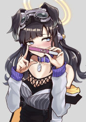 Rule 34 | 1girl, animal collar, animal ears, bare shoulders, black hair, blue archive, blue eyes, bright pupils, closed mouth, collar, collarbone, dog ears, dog tags, floppy ears, goggles, goggles on head, grey background, hair bobbles, hair ornament, halo, hands up, hibiki (blue archive), highres, holding, jacket, long hair, long sleeves, multicolored clothes, multicolored jacket, off shoulder, open clothes, open jacket, pregnancy test, purple collar, smile, solo, striped, tsuzura (pixiv74922627), twintails, upper body, white pupils
