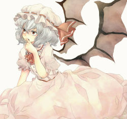 Rule 34 | 1girl, bad id, bad pixiv id, bat wings, blue hair, eeko, female focus, hand to own mouth, hat, red eyes, remilia scarlet, simple background, sitting, solo, touhou, white background, wings