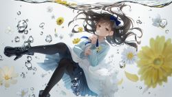 Rule 34 | 1girl, air bubble, black footwear, black pantyhose, blue bow, boots, bow, brown eyes, brown hair, bubble, commentary request, copyright request, earrings, flower, frills, hair bow, hanabasami kyou, highres, holding, holding flower, jacket, jewelry, long hair, long sleeves, looking at viewer, nyaon oekaki, official art, pantyhose, shirt, skirt, solo, underwater, virtual youtuber, water, white flower, yellow flower