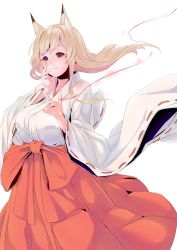 Rule 34 | 1girl, animal ears, blonde hair, breasts, fox ears, fox shadow puppet, fox tail, hakama, hakama skirt, hand on own face, highres, japanese clothes, large breasts, long hair, long sleeves, miko, original, red hakama, ribbon, ribbon-trimmed sleeves, ribbon trim, sipu, skirt, smile, solo, string, string of fate, tail, white background, wide sleeves