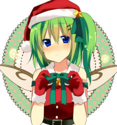 Rule 34 | 1girl, bad id, bad pixiv id, belt, blue eyes, blush, daiyousei, dress, fairy wings, female focus, fujishiro emyu, gloves, green hair, hair ornament, hair ribbon, hairclip, hat, looking at viewer, red dress, red gloves, ribbon, santa costume, santa gloves, santa hat, side ponytail, smile, solo, star (symbol), touhou, upper body, wings