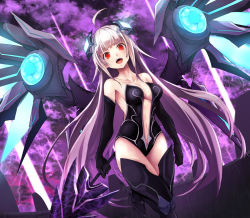 Rule 34 | 1girl, ahoge, bare shoulders, black gloves, black leotard, black thighhighs, breasts, center opening, cleavage, cloud, elbow gloves, electricity, gloves, glowing, hair ornament, leg up, leotard, long hair, looking at viewer, mechanical wings, medium breasts, navel, noa (nagareboshi), open mouth, original, red eyes, sky, smile, solo, standing, standing on one leg, strapless, strapless leotard, sword, thighhighs, very long hair, weapon, white hair, wings