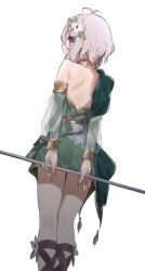 Rule 34 | 1girl, antenna hair, arms behind back, bare shoulders, blush, detached sleeves, dress, dutch angle, elf, epi zero, flower, from behind, green dress, green sleeves, hair between eyes, hair flower, hair ornament, highres, holding, holding weapon, kokkoro (princess connect!), long sleeves, looking at viewer, looking back, pointy ears, polearm, princess connect!, profile, puffy long sleeves, puffy sleeves, red eyes, see-through, see-through sleeves, short hair, silver hair, simple background, sleeveless, sleeveless dress, solo, spear, standing, weapon, white background, white flower