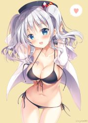 Rule 34 | 10s, 1girl, :d, alternate costume, arms behind head, bikini, black bikini, blue eyes, blush, breasts, cleavage, collarbone, colored eyelashes, cowboy shot, eyebrows, front-tie top, gluteal fold, heart, heart-shaped pupils, kantai collection, kashima (kancolle), large breasts, looking at viewer, navel, open clothes, open mouth, open shirt, shirt, side-tie bikini bottom, silver hair, simple background, smile, solo, sousouman, star-shaped pupils, star (symbol), stomach, swimsuit, symbol-shaped pupils, twintails, underboob
