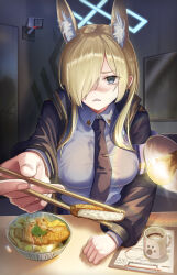 Rule 34 | 1girl, animal ear fluff, animal ears, black jacket, black necktie, blonde hair, blue archive, blue eyes, bowl, breasts, chopsticks, clipboard, collared shirt, commentary, cup, dog ears, door, dress shirt, feeding, food, foreshortening, hair over one eye, halo, highres, holding, holding chopsticks, indoors, interrogation, jacket, kanna (blue archive), katsu (food), lamp, light bulb, long hair, long sleeves, looking at viewer, medium breasts, necktie, noodles, open clothes, open jacket, paper, parted bangs, pov, security camera, sharp teeth, shirt, sidelocks, solo, subob (subobdesu), teeth, tie clip, tonkatsu, udon, upper body, white shirt, wing collar