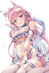 Rule 34 | 1girl, :o, animal ears, bandaged arm, bandages, blue hair, blush, bow, bowtie, breasts, cat ears, cat girl, cat tail, frills, gloves, hat, heterochromia, highres, indie virtual youtuber, kinokomushi, kinokomushi (vtuber), large breasts, looking at viewer, low wings, multicolored hair, navel, nurse cap, o-ring, open mouth, pink hair, solo, syringe, tail, thighhighs, underwear, virtual youtuber, white background, white gloves, wings