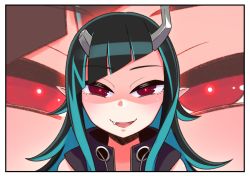 Rule 34 | 1girl, nanashi inc., black hair, black jacket, blue hair, commentary request, demon girl, demon horns, fang, horns, ishimari, jacket, long hair, multicolored hair, open mouth, pointy ears, red eyes, shaded face, shishio chris, smile, solo, sugar lyric, two-tone hair, upper body, virtual youtuber, zoom layer