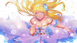 Rule 34 | 1girl, player character (mabinogi), bad id, bad pixiv id, bare shoulders, blonde hair, blue eyes, breasts, bug, butterfly, butterfly hair ornament, character request, cleavage, clover, collarbone, dress, glowing, hair ornament, highres, insect, kimpeul, long hair, mabinogi, pointy ears, smile, solo, white dress