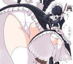 Rule 34 | &gt; &lt;, 1girl, apron, ass, black hair, bow, broom, hair bow, highres, long hair, maid, maid apron, maid headdress, naitou kouse, original, panties, thighhighs, twintails, underwear, white panties, white thighhighs, wind, wind lift