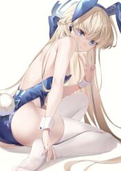 Rule 34 | 1girl, animal ears, bare back, blonde hair, blue archive, blue eyes, blue leotard, braid, chiro (norishiro michiro), dot nose, earpiece, fake animal ears, fake tail, from side, halo, hand on own ankle, highleg, highleg leotard, highres, kneeling, leotard, long hair, looking at viewer, official alternate costume, parted lips, rabbit ears, rabbit tail, side braid, simple background, soles, solo, strapless, strapless leotard, tail, thighhighs, toki (blue archive), toki (bunny) (blue archive), v, white background, white thighhighs, wrist cuffs
