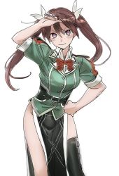 Rule 34 | 10s, 1girl, belt, bow, bowtie, brown hair, contrapposto, dress, hand on own head, hand on own hip, hip focus, jacket, kantai collection, loincloth, military jacket, nishieda, no panties, pelvic curtain, purple eyes, ribbon, side slit, single thighhigh, smile, solo, standing, thighhighs, tone (kancolle), tone kai ni (kancolle), twintails, uniform, white background