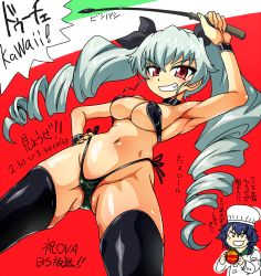 Rule 34 | 10s, 1girl, anchovy (girls und panzer), artist request, bikini, blush, breasts, curvy, drill hair, female focus, girls und panzer, hair ribbon, highres, long hair, ribbon, shiny skin, swimsuit, thighhighs, thong, twintails