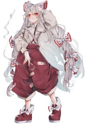 Rule 34 | 1girl, bow, braid, cigarette, collared shirt, fujiwara no mokou, full body, grey hair, hair bow, highres, holding, holding cigarette, long hair, long sleeves, open mouth, pants, red eyes, red footwear, red pants, shirt, shoes, simple background, sleeve garter, solo, touhou, tsune (tune), white background, white bow, white hair, white shirt