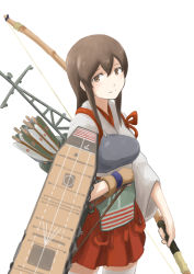 Rule 34 | 10s, 1girl, akagi (kancolle), brown eyes, brown hair, hair between eyes, highres, japanese clothes, kantai collection, looking at viewer, muneate, personification, solo, son (junsoon), sun (pixiv3889268), white background