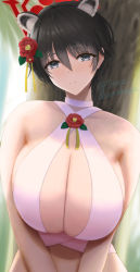 Rule 34 | 1girl, animal ears, bikini, black hair, blue archive, blue eyes, breasts squeezed together, breasts, cat ears, cleavage, collarbone, criss-cross halter, flower, hair flower, hair ornament, halo, halterneck, highres, huge breasts, large breasts, looking at viewer, pink bikini, revision, short hair, smile, solo, swimsuit, tono munekage, tree, tsubaki (blue archive), twitter username, upper body