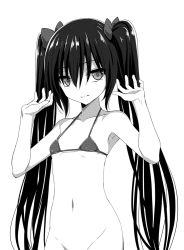 Rule 34 | 1girl, bare arms, bare shoulders, bikini, bikini top only, bottomless, bow, breasts, closed mouth, collarbone, greyscale, groin, hair between eyes, hair bow, halterneck, hands up, innocent red, long hair, looking at viewer, monochrome, navel, out-of-frame censoring, simple background, small breasts, solo, swimsuit, twintails, usami eru, very long hair, watarui, white background