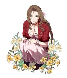 Rule 34 | 1girl, aerith gainsborough, braid, breasts, brown hair, cleavage, final fantasy, final fantasy vii, final fantasy vii remake, green eyes, highres, igusaharu, jewelry, long hair, looking at viewer, medium breasts, multiple bracelets, necklace, simple background, smile, solo, squatting, teeth, white background