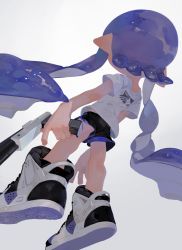 Rule 34 | 1girl, aspara, black shorts, from behind, full body, gun, highres, holding, holding gun, holding weapon, inkling, inkling girl, inkling player character, long hair, nintendo, no socks, pointy ears, purple hair, shoes, shorts, simple background, sneakers, solo, splatoon (series), standing, tentacle hair, weapon