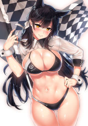 Rule 34 | 1girl, animal ear fluff, animal ears, atago (azur lane), atago (stunning speedster) (azur lane), azur lane, bikini, black bikini, black hair, blush, breasts, checkered flag, closed mouth, clothes writing, copyright name, cowboy shot, cropped jacket, extra ears, flag, hair between eyes, hair ribbon, halterneck, hand on own hip, head tilt, highres, jacket, kawai (purplrpouni), large breasts, leaning to the side, legs together, long hair, looking at viewer, navel, outline, parted bangs, race queen, ribbon, shiny skin, shrug (clothing), simple background, skindentation, smile, solo, standing, swept bangs, swimsuit, thighs, very long hair, white background, white jacket, white ribbon, wide hips, wrist cuffs, yellow eyes