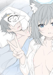 Rule 34 | 1boy, 1girl, animal ear fluff, animal ears, areola slip, black hair, blue archive, blue eyes, blurry, blush, breasts, breasts apart, collarbone, commentary, d:, depth of field, doodle sensei (blue archive), dress shirt, earrings, emaciated, eyelashes, eyes visible through hair, fingernails, foreshortening, grey hair, guy tired after sex (meme), hair between eyes, hair in own mouth, halo, head on pillow, hetero, hickey, highres, indoors, jewelry, large breasts, lips, lipstick mark, long hair, looking at viewer, masabodo, medium hair, meme, midriff, naked shirt, on bed, open clothes, open mouth, open shirt, parted lips, selfie, sensei (blue archive), shiroko (blue archive), shirt, short hair, smile, straight-on, stud earrings, sunken cheeks, teeth, under covers, upper teeth only, v, wolf ears, wolf girl