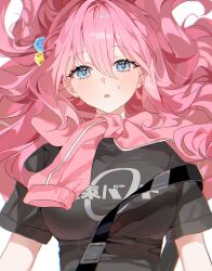 Rule 34 | 1girl, :o, absurdres, black shirt, blue eyes, blush, bocchi the rock!, breasts, commentary, cube hair ornament, english commentary, gotoh hitori, hair between eyes, hair ornament, hair spread out, highres, jacket, kessoku band t-shirt, large breasts, long hair, looking at viewer, one side up, open mouth, pink hair, pink jacket, pong (pong o0), shirt, short sleeves, solo, straight-on, sweat, t-shirt, tied sleeves, unworn jacket, upper body