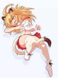 Rule 34 | 1girl, :d, animal ear fluff, animal ears, between legs, blonde hair, breast pocket, breasts, crop top, fangs, full body, fur collar, hair between eyes, highres, kemono friends, lion (kemono friends), lion ears, lion girl, lion tail, long hair, medium breasts, miniskirt, open mouth, pleated skirt, pocket, poifuru, red skirt, shirt, short sleeves, silhouette, simple background, skirt, smile, solo, tail, tail between legs, teeth, thighhighs, thighs, v-shaped eyebrows, white background, white footwear, white shirt, yellow eyes