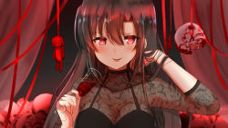 Rule 34 | 1girl, :p, alcohol, black dress, blurry, blurry background, blush, breasts, brown hair, closed mouth, commentary request, cup, curtains, depth of field, doll, dress, hair between eyes, hand up, highres, holding, holding cup, long hair, long sleeves, medium breasts, original, red eyes, red ribbon, ribbon, see-through, see-through sleeves, shibakame, skull, smile, solo, tongue, tongue out, upper body, wine