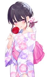 Rule 34 | 1girl, :q, achiki, black hair, blush, braid, candy apple, closed mouth, cover image, cowboy shot, female focus, floral print, flower, food, from side, gradient hair, hair flower, hair ornament, holding, holding food, japanese clothes, kimono, long sleeves, looking at viewer, looking to the side, multicolored hair, novel illustration, obi, official art, pink flower, print kimono, purple eyes, purple hair, sash, satou koharu, shio taiou no satou-san ga ore ni dake amai, short hair, sidelocks, simple background, smile, solo, textless version, tongue, tongue out, white background, white kimono, wide sleeves, yukata
