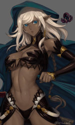 Rule 34 | 1girl, armpits, blonde hair, blue eyes, braid, breasts, cleavage, cloak, clothes grab, cowboy shot, dark-skinned female, dark elf, dark skin, eiwa, elbow sleeve, elf, expressionless, fantasy, gluteal fold, grey background, head tilt, hip focus, large breasts, lips, long hair, looking at viewer, navel, octopus, original, parted lips, partially visible vulva, pointy ears, revealing clothes, sheath, sheathed, shiny skin, sidelocks, simple background, single braid, solo, thigh gap, thighs, toned, twitter username, underboob