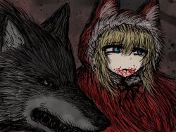 Rule 34 | 1girl, animal, animal ear fluff, animal ears, animal hood, black souls, blonde hair, blood, blood from mouth, blood on face, blood splatter, blue eyes, cloak, closed mouth, coat, dog, expressionless, fang, fangs, fox ears, fur-trimmed hood, fur trim, hair between eyes, hood, hood up, looking away, looking to the side, medium hair, official art, open mouth, oversized animal, poro (black souls), red coat, red dead hood, red hood, red hood (black souls), sidelocks, sketch, solo, sushi yuusha toro, teeth, upper body, wolf, wolf ears, yellow eyes