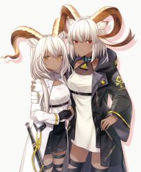 Rule 34 | animal ears, arknights, bangs, beeswax (arknights), beeswax (arknights) (cosplay), black gloves, black ribbon, black skirt, breasts, brown eyes, carnelian (arknights), carnelian (arknights) (cosplay), closed mouth, coat, collar, collarbone, cosplay, costume switch, cowboy shot, dark-skinned female, dark skin, dress, gloves, goat ears, goat girl, goat horns, hand on another&#039;s shoulder, horns, infection monitor (arknights), leg ribbon, long hair, long sleeves, looking at another, looking at viewer, low twintails, medium breasts, mizuha rei, open clothes, open coat, own hands together, red eyes, ribbon, shirt, short hair, siblings, simple background, sisters, skirt, smile, thighlet, twintails, white background, white coat, white dress, white hair, white shirt