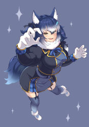 Rule 34 | 1girl, absurdres, animal ears, blue coat, blue hair, blue necktie, blue skirt, blue thighhighs, blush, coat, commentary request, dire wolf (kemono friends), fang, fur collar, garter straps, gloves, gold trim, hair between eyes, highres, kemono friends, kemono friends 3, long hair, long sleeves, looking at viewer, multicolored hair, neck ribbon, necktie, open mouth, plaid, plaid skirt, plaid trim, pleated skirt, reaching, reaching towards viewer, ribbon, sawara noa, skirt, smile, solo, tail, thighhighs, twintails, white fur, white gloves, white hair, wolf ears, wolf girl, wolf tail, yellow eyes, zettai ryouiki