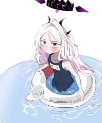 Rule 34 | 1girl, absurdres, blue archive, blue one-piece swimsuit, blush, flat chest, good1212123, halo, highres, hina (blue archive), hina (swimsuit) (blue archive), horns, innertube, long hair, looking at viewer, one-piece swimsuit, partially submerged, purple eyes, school swimsuit, solo, swim ring, swimsuit, very long hair, white hair