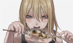 1girl black_shirt black_tank_top blonde_hair blue_eyes blush fish fish_(food) half-closed_eyes highres mole mole_under_eye open_mouth original self-harm shirt skewer tabao tank_top white_background